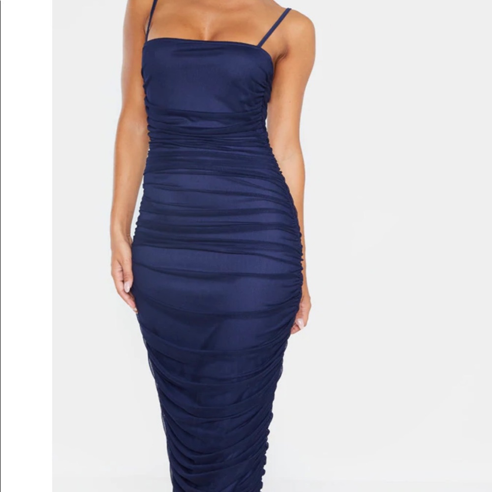 Navy Strappy Mesh Ruched Midaxi Dress